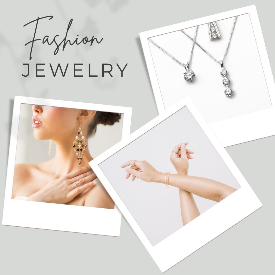 "An array of elegant women's fashion jewelry including rings, earrings, bracelets, and necklaces displayed on a chic background."
