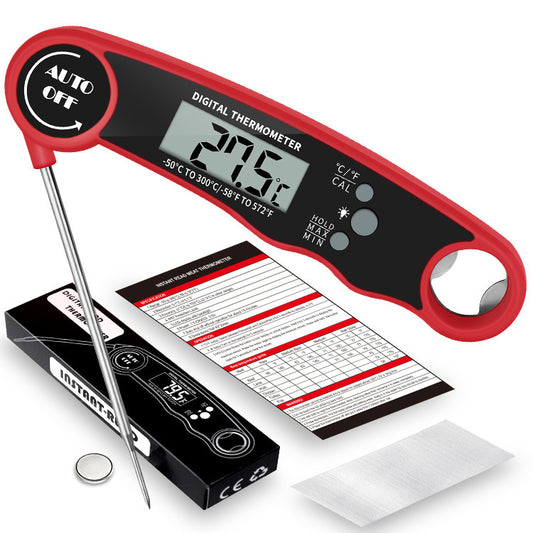 Image of a red and black Folding Kitchen Food Thermometer, showcasing its compact foldable design and easy-to-read display for precise cooking